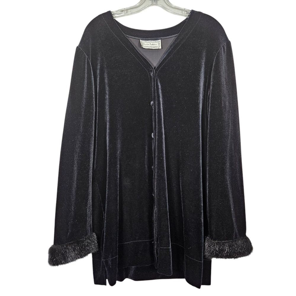 Vtg Lucia Lukken Top XL Classic Black Velvet Button Fur‎ Trim Sleeve Whimsigoth